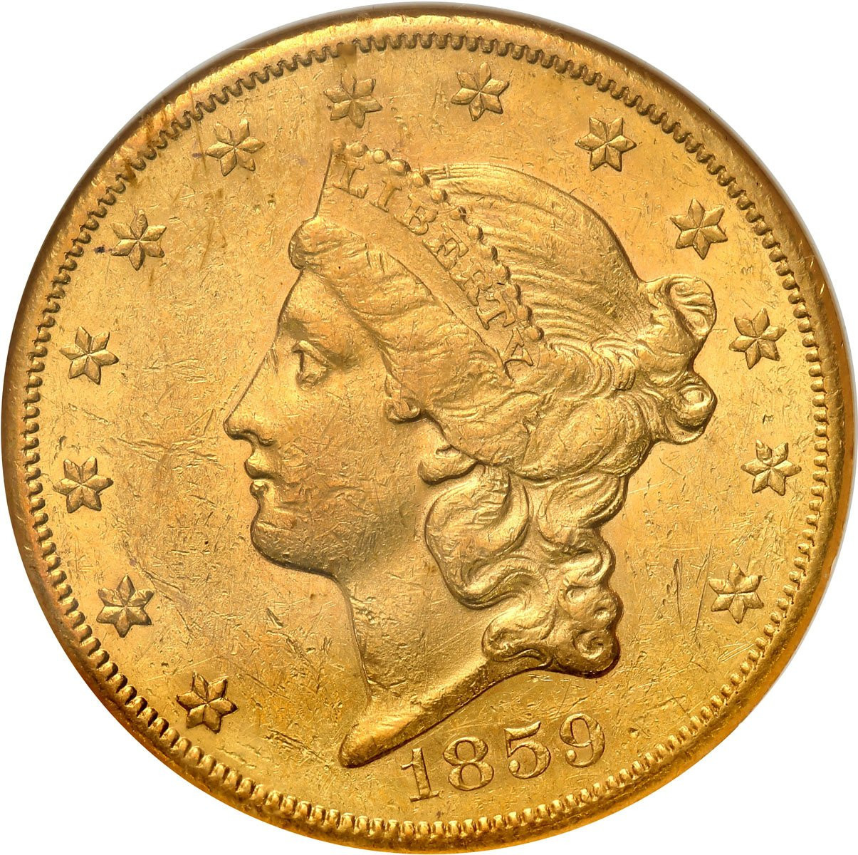 USA 20 dolarów 1859 S San Francisco NGC AU55 - RZADKA